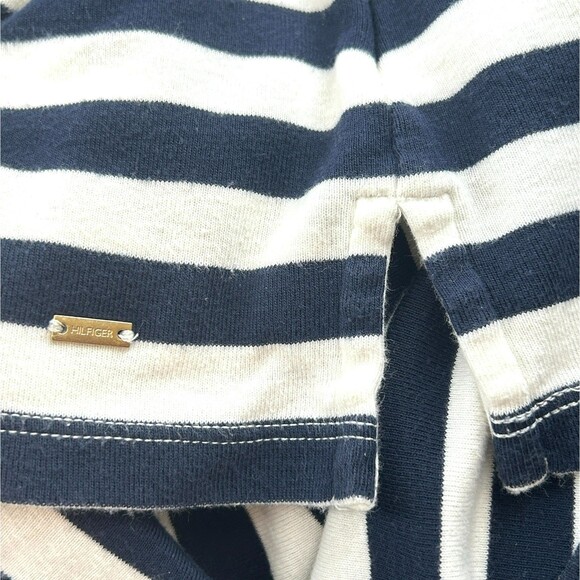 Tommy Hilfiger L Knit Top Faux Leather Yokes Navy Blue White Stripes 3/4 Sleeve - Picture 5 of 8